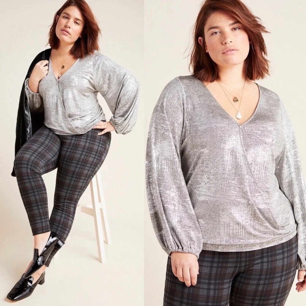 Anthropologie Carys Metallic Top Silver Shimmer Relaxed Fit Batwing Style 1XL